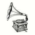 Hand drawn vintage phonograph. Ink black and white drawing.